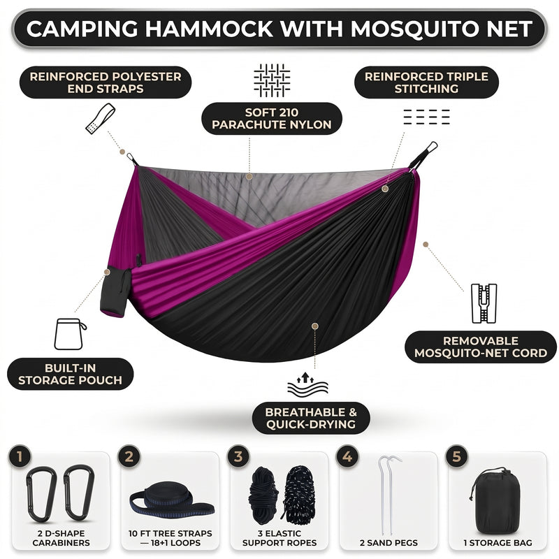 DOUBLE CAMPING HAMMOCK WITH REVERSIBLE BUG NET – 2 PERSON, 660 LB - 5