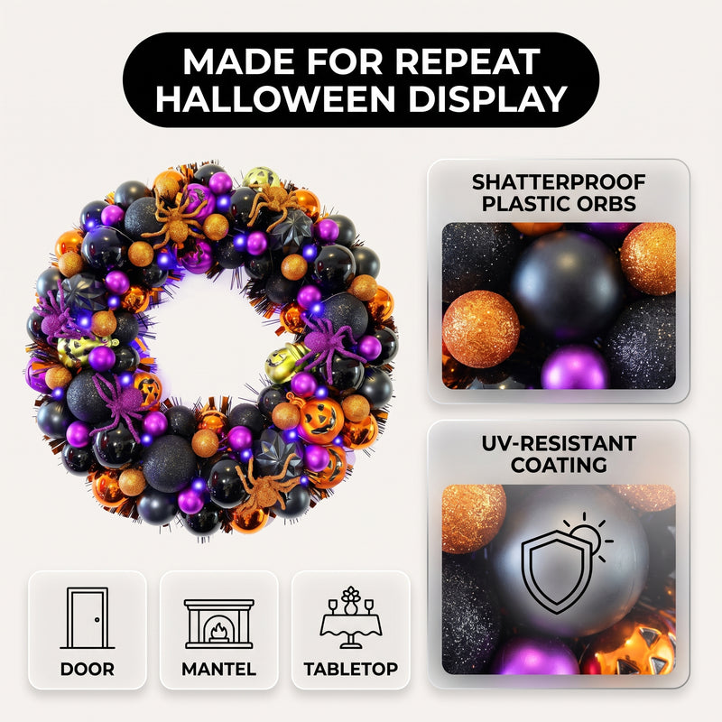 HALLOWEEN WREATH WITH LIGHTS FOR FRONT DOOR – PRE-LIT PUMPKIN, WITCH & GOTHIC PORCH DÉCOR - 5