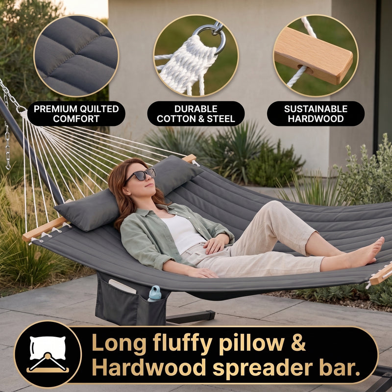 Outdoor Double Hammock with Stand for 2 – Heavy Duty Steel Frame, Pillow Included - 5
