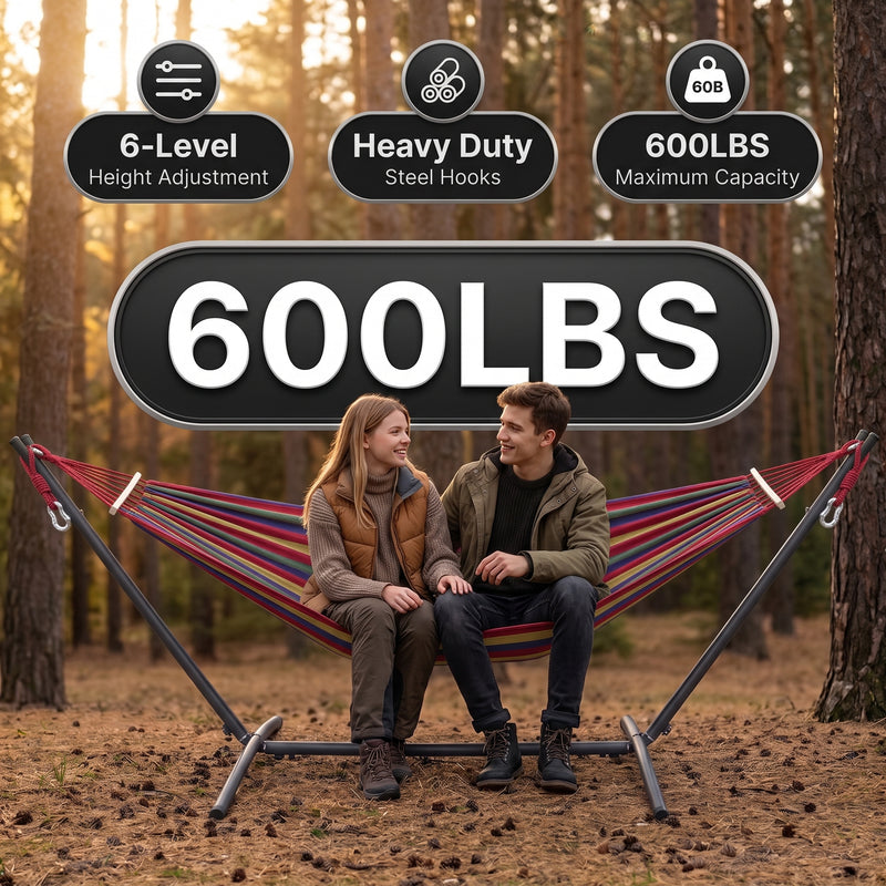 Double Hammock with Stand – Portable, Adjustable & 600lb Capacity for Indoor & Outdoor - 5