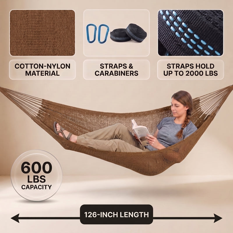 Handwoven Mayan Rope Double Hammock with Tree Straps, Carabiners & Carry Bag - 5