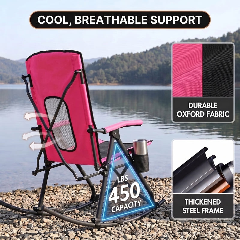 High Back Folding Rocking Camping Chair – Oversized Portable Outdoor Rocker with Cup Holder, Carry Bag & Heavy-Duty Steel Frame - 5