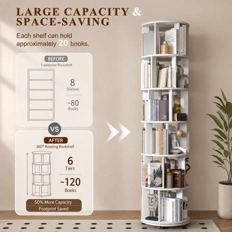 Rotating Bookshelf Tower – 360° Spinning Bookcase | 5 & 6-Tier, Solid Wood & MDF - 5