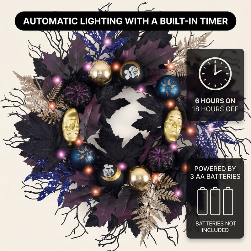 HALLOWEEN WREATH WITH LIGHTS FOR FRONT DOOR – PRE-LIT PUMPKIN, WITCH & GOTHIC PORCH DÉCOR - 5