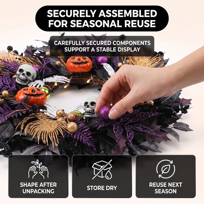 HALLOWEEN WREATH WITH LIGHTS FOR FRONT DOOR – PRE-LIT PUMPKIN, WITCH & GOTHIC PORCH DÉCOR - 5