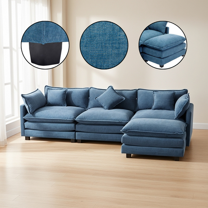 112.2″ L-Shape Chenille Upholstered Sofa with Ottoman & 5 Pillows | Trufairs