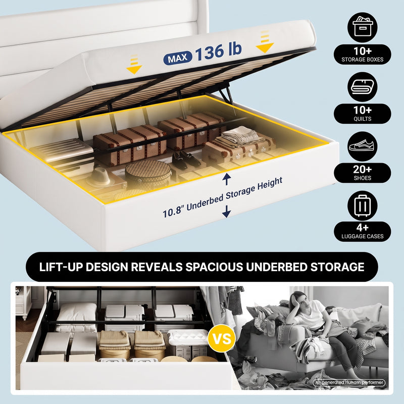 Lift-Up Storage Bed Frame with Upholstered Wingback Headboard - 5