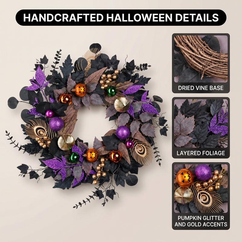 HALLOWEEN WREATH WITH LIGHTS FOR FRONT DOOR – PRE-LIT PUMPKIN, WITCH & GOTHIC PORCH DÉCOR - 5