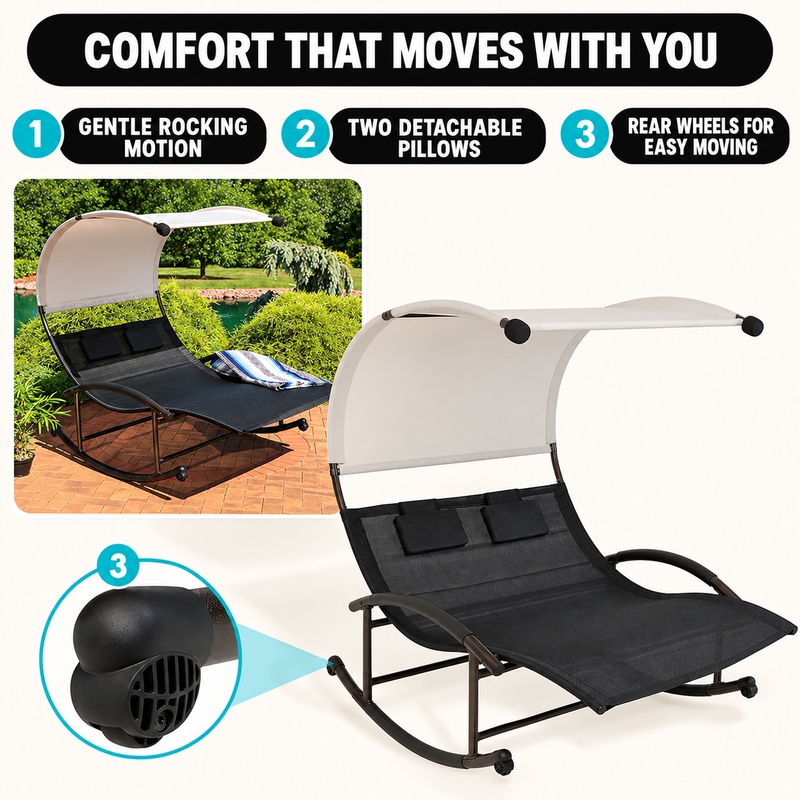 Outdoor Chaise Lounger with Canopy – Single & Double 2-Person Patio Sun Lounger with Cushions & Headrest - 5