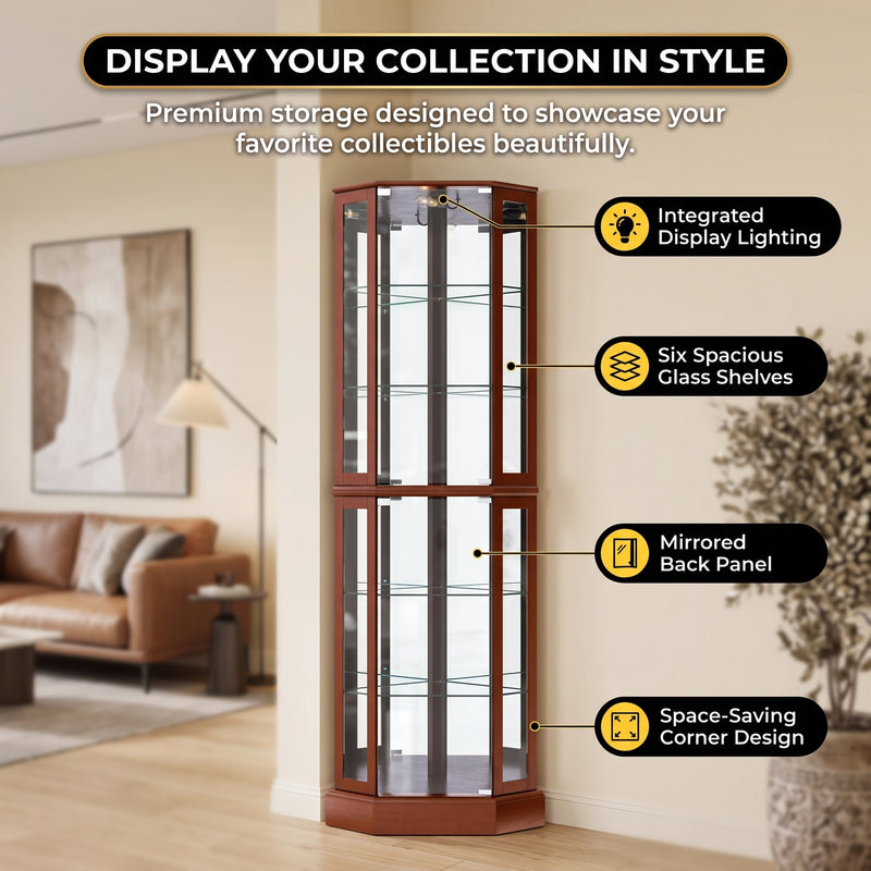 Lighted Corner Curio Cabinet – Wooden Display Cabinet with Glass Doors & Adjustable Shelves - 5
