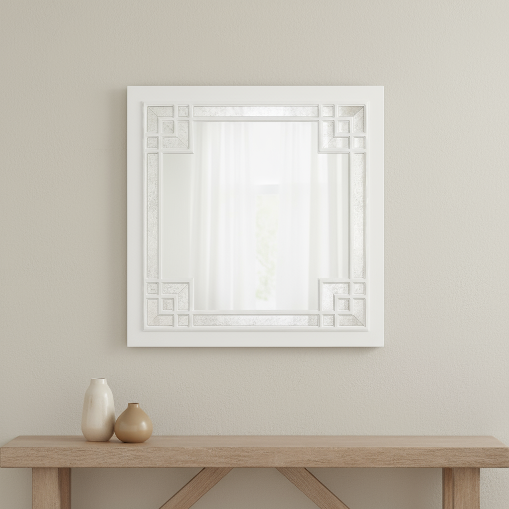 39" White Square Accent Wood Mirror