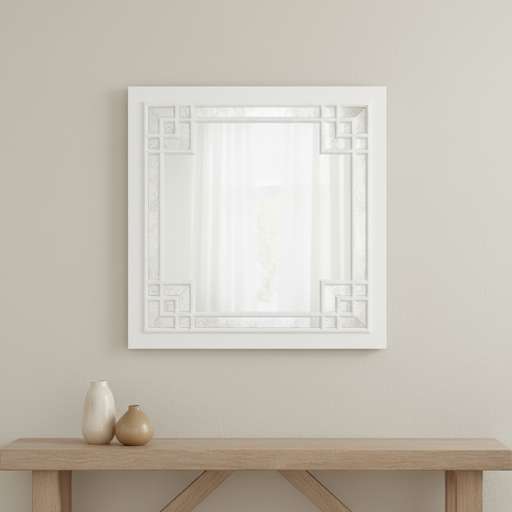 39" White Square Accent Wood Mirror
