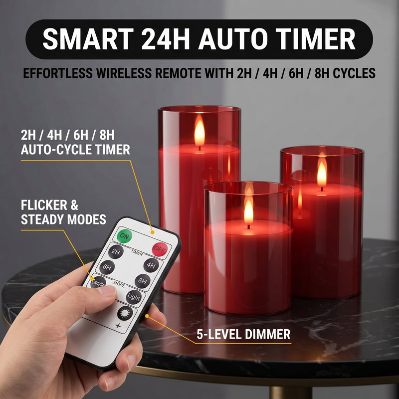 Flameless Candles with Remote & Timer – Glass Pillar Set of 3 - 5