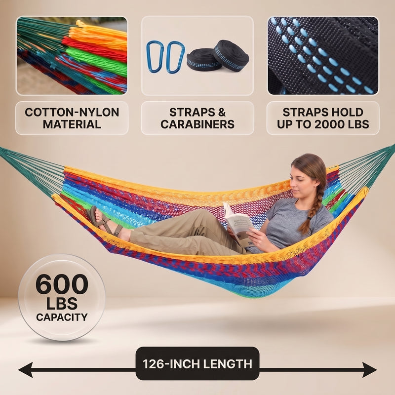 Handwoven Mayan Rope Double Hammock with Tree Straps, Carabiners & Carry Bag - 5