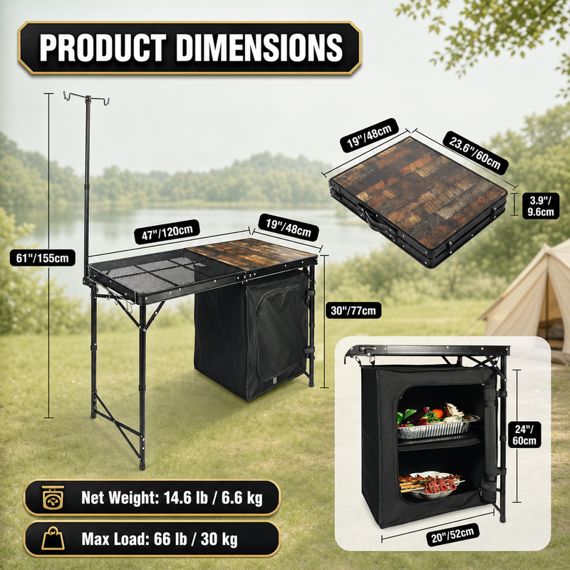 Camping Portable Cook Station/Kitchen Table, Folding Outdoor Cooking Table with Storage - 5