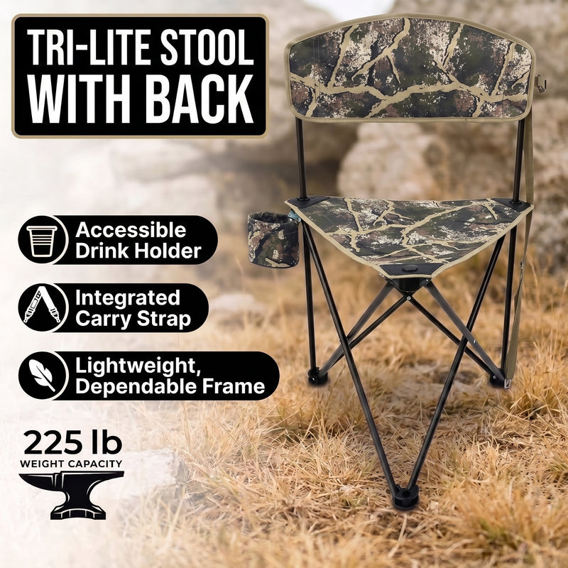Tri-Lite Stool w/Back, Lightweight Portable Fishing Chair w/Cupholder and Carry Strap, Supports 225-Lb, Portable Outdoor Chair for the Hunting Blind, Camping, Travel, Hiking - 5