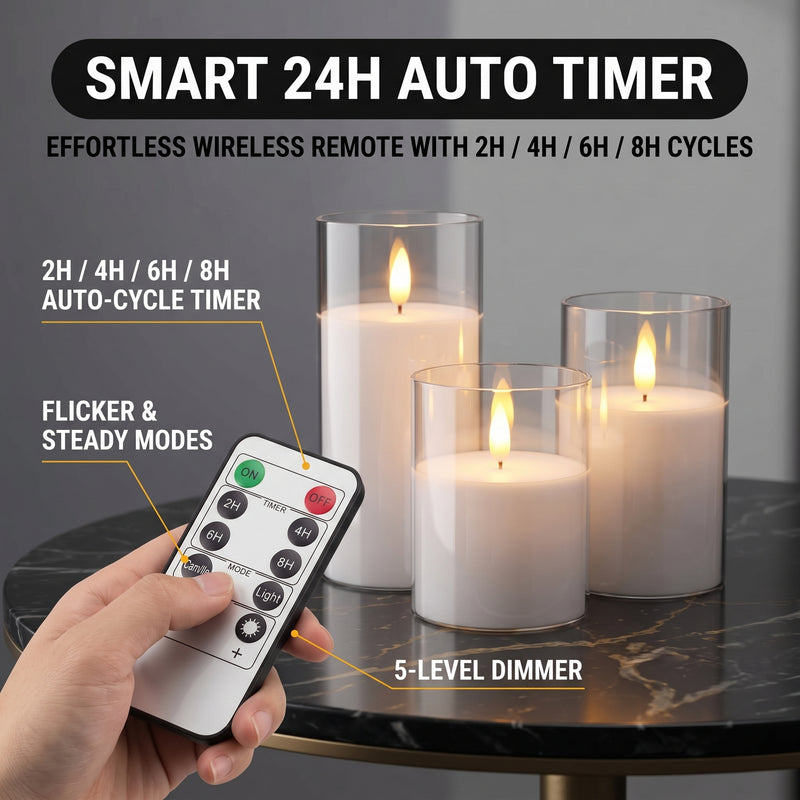 Flameless Candles with Remote & Timer – Glass Pillar Set of 3 - 5