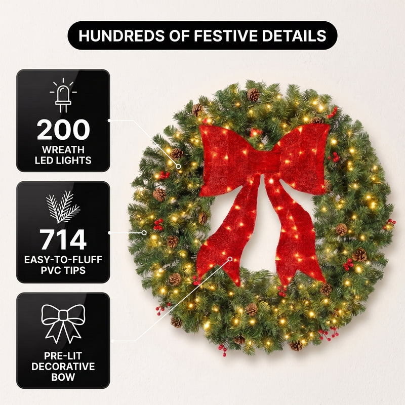 PRE-LIT CHRISTMAS WREATH – WARM LED DOOR DÉCOR - 5