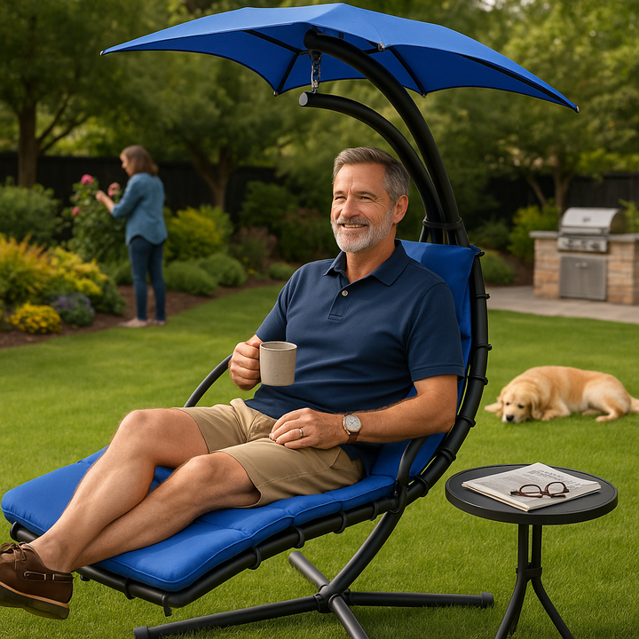 Navy Blue Outdoor Swing Chair - Hanging Chaise Lounger with Removable Shade Canopy & Comfort Pillow for Patio