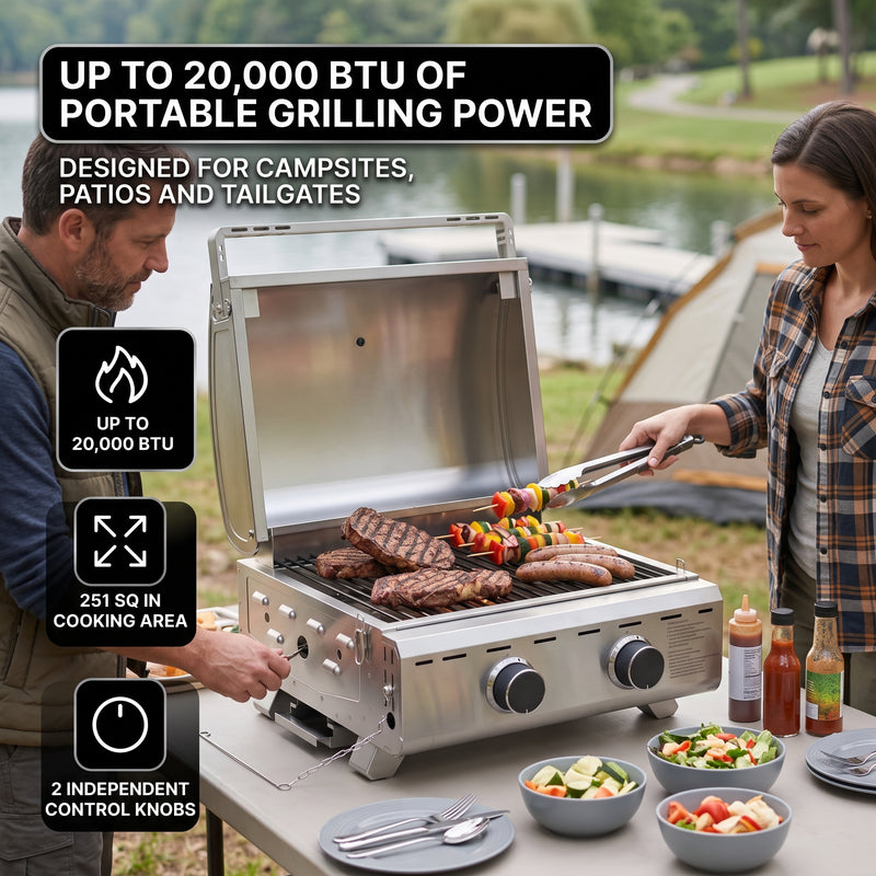 PORTABLE STAINLESS STEEL TABLETOP PROPANE GRILL – 2 & 3 BURNER OUTDOOR BBQ OPTIONS - 5