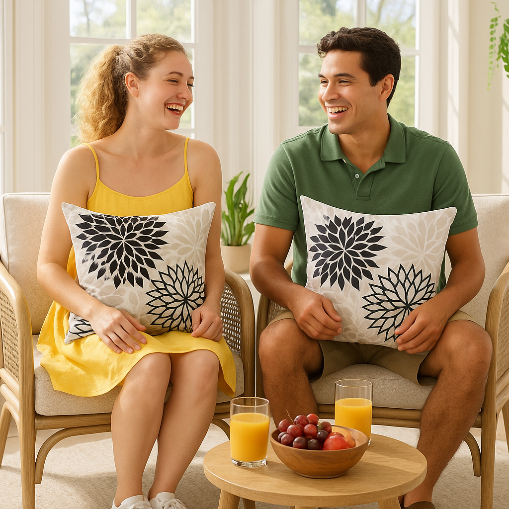Premium 20" Black Gray and White Handmade Floral Indoor Outdoor Throw Pillow - Reversible Contemporary Design with Weather-Resistant Polyester