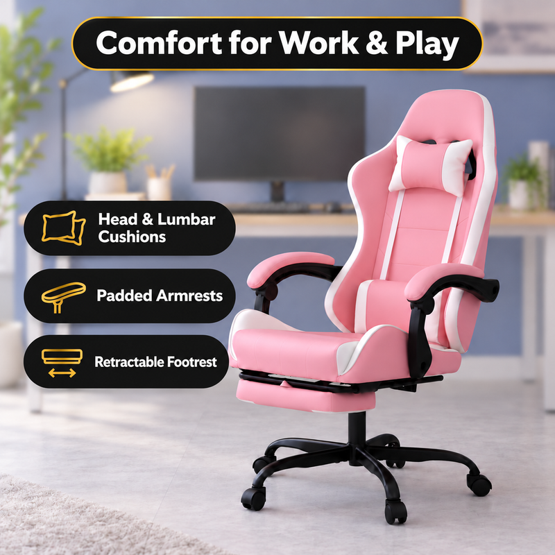 Pink Gaming Chairs – High-Back Reclining Styles with Footrest & Lumbar Support - 5