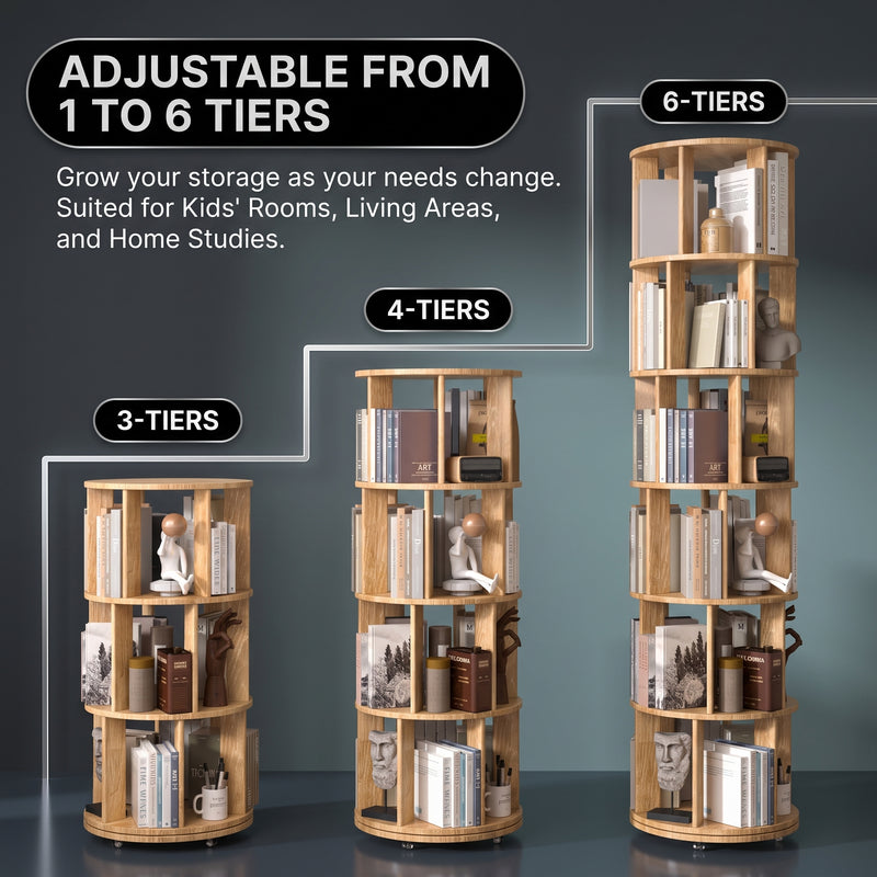 Rotating Bookshelf Tower – 360° Spinning Bookcase | 5 & 6-Tier, Solid Wood & MDF - 5