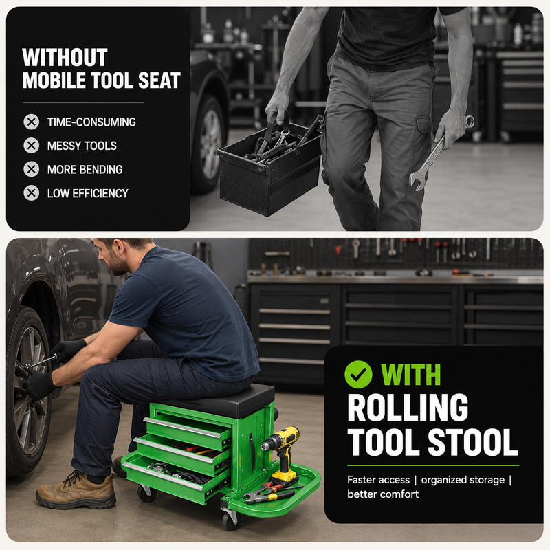 Mobile Mechanic Toolbox Seat with Drawers - Rolling Mechanic Stool with Sliding Tool Tray, Shop Stool with Wheels for Garage & Workshop, Auto Repair - 5
