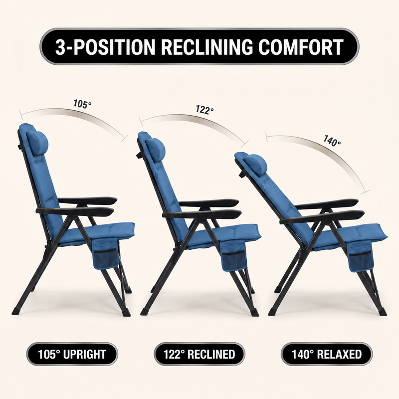 Reclining Camping Chair – 3-Position High-Back Folding Chair with Lumbar Support - 5