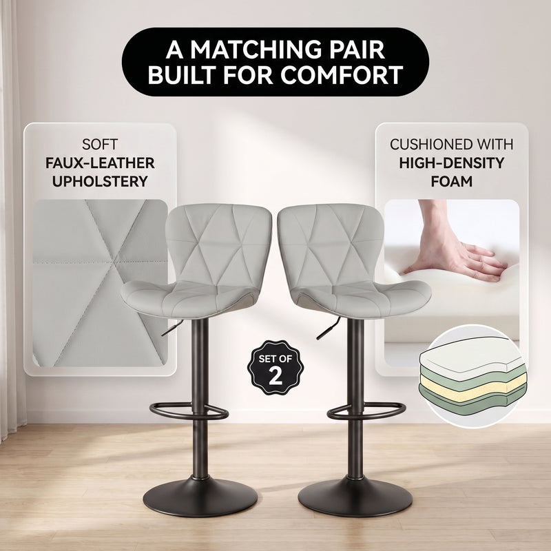 COUNTER BAR STOOLS SET OF 2 – ADJUSTABLE SWIVEL FAUX LEATHER SEATS - 5