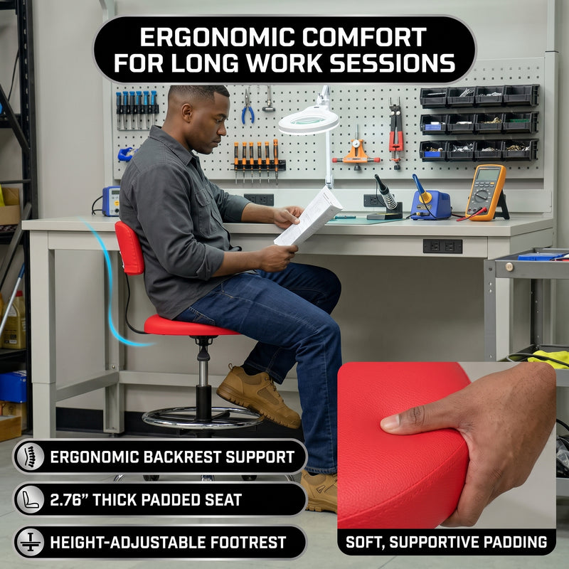 Rolling Mechanic Chair with Backrest and Footrest – Heavy Duty Shop Stool with Wheels, Adjustable Height Swivel Garage Chair - 5