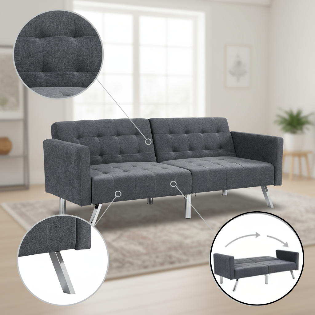 85" Beige Polyester Blend Convertible Futon Sleeper Sofa And Toss Pillows With Silver Legs