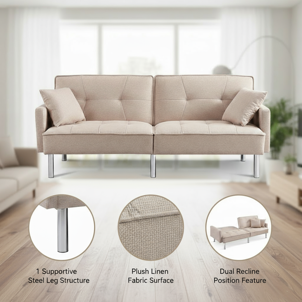 85" Beige Polyester Blend Convertible Futon Sleeper Sofa And Toss Pillows With Silver Legs