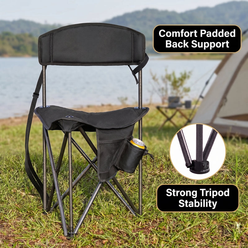 Tri-Lite Stool w/Back, Lightweight Portable Fishing Chair w/Cupholder and Carry Strap, Supports 225-Lb, Portable Outdoor Chair for the Hunting Blind, Camping, Travel, Hiking - 5