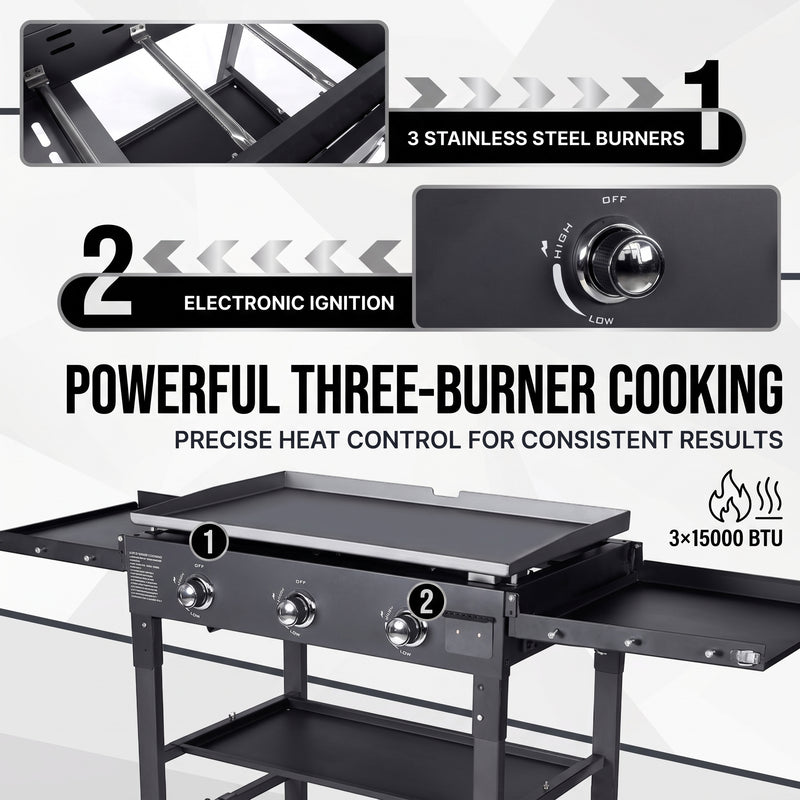 2 & 3 BURNER PORTABLE PROPANE FLAT TOP GRIDDLE – 20,000–45,000 BTU OUTDOOR GRIDDLE WITH SIDE SHELVES & CART - 5