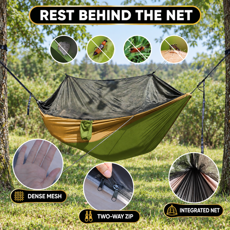 DOUBLE CAMPING HAMMOCK WITH REVERSIBLE BUG NET – 2 PERSON, 660 LB - 5