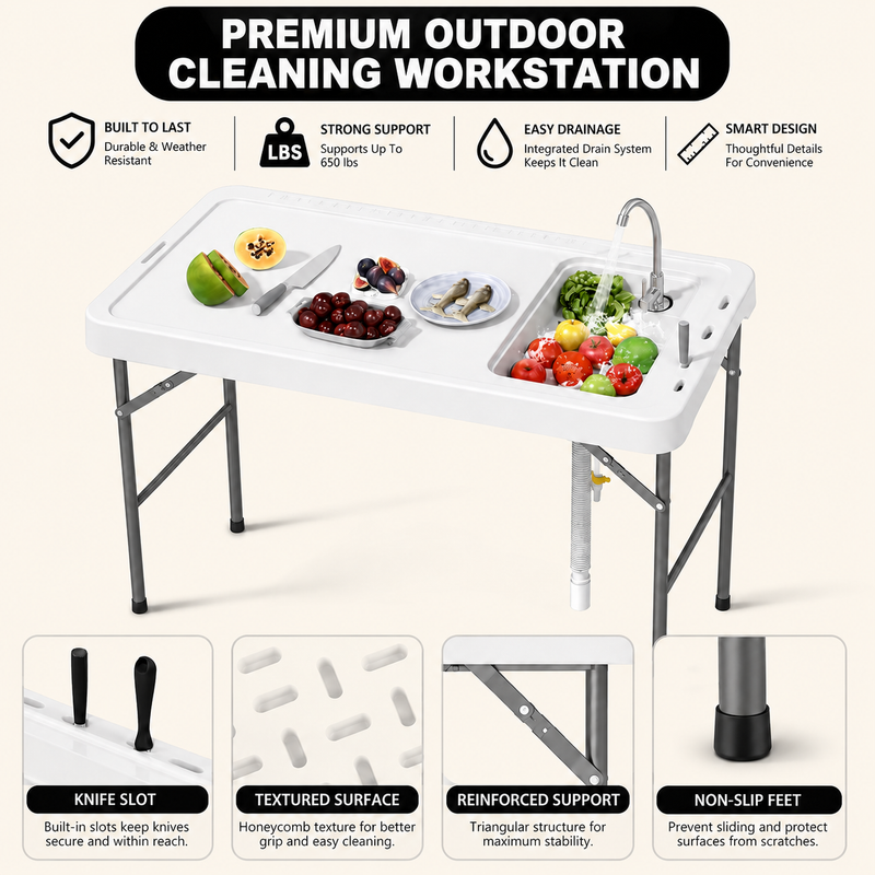 Folding Fish Cleaning Table with Sink & Sprayer Options - 5