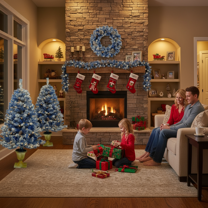 Pre-lit Xmas Tree Artificial Christmas 4-Piece Set,Garland, Wreath and Set of 2 Entrance Trees X-mas with LED Lights, Christmas Tree