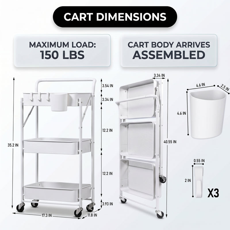 3-Tier Metal Rolling Cart – Foldable or Fixed Pegboard Styles - 5