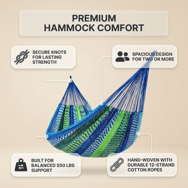 Handwoven Mayan Rope Double Hammock with Tree Straps, Carabiners & Carry Bag - 5