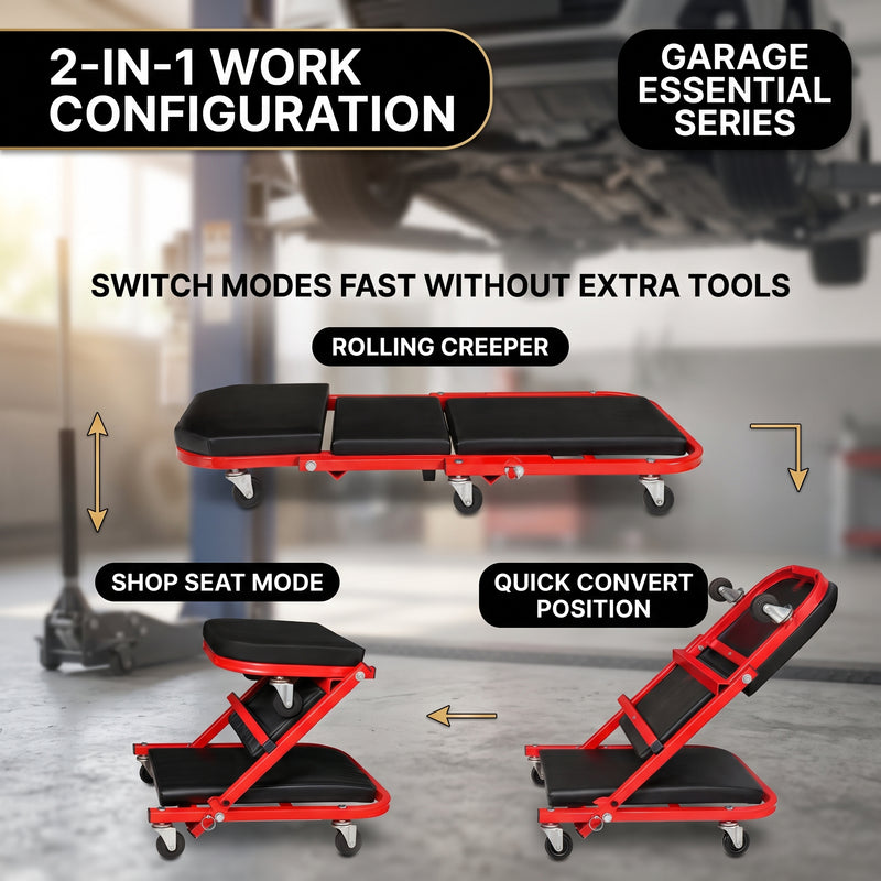 2-in-1 Convertible Z-Creeper Seat - Rolling Mechanic Creeper with Wheels, Under Dash Creeper & Garage Chair for Auto Repair, Low Profile Roller Seat - 5