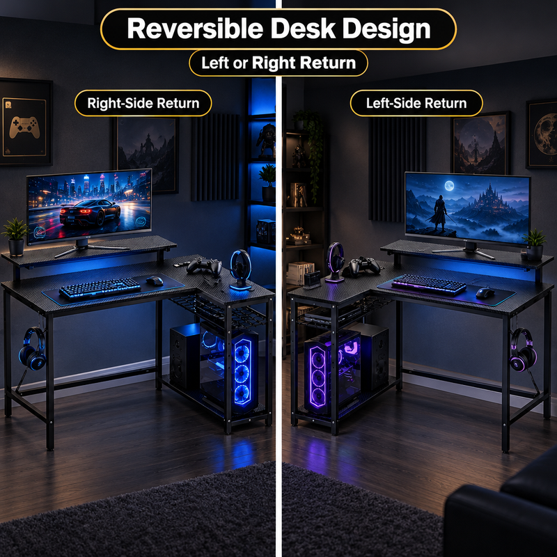 L-Shaped Gaming Desk with LED Lights & Power Outlets - 5  g