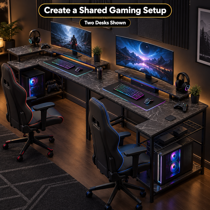 L-Shaped Gaming Desk with LED Lights & Power Outlets - 5 j
