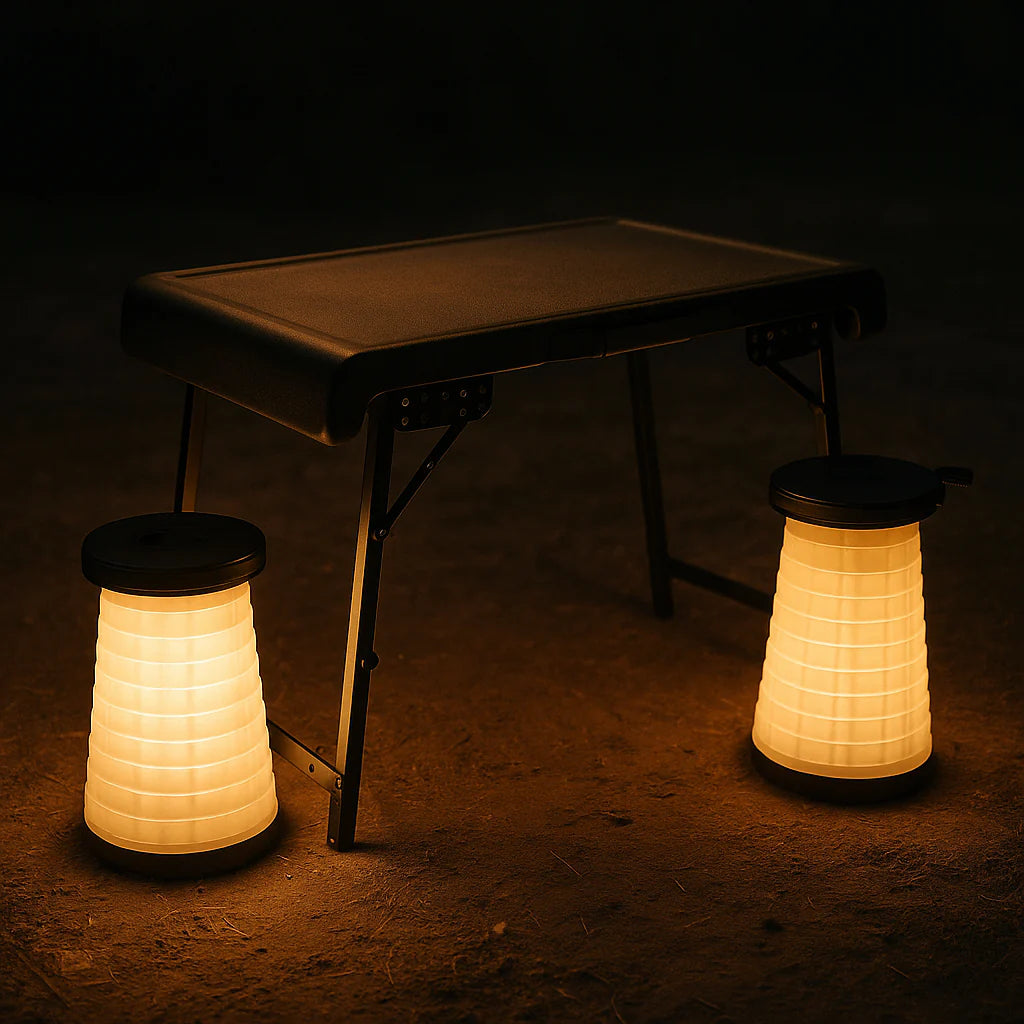 Exclusive 3 Pieces Folding Camping Table Stool Set with 2 Retractable LED Stools - Premium Outdoor Adventure Collection