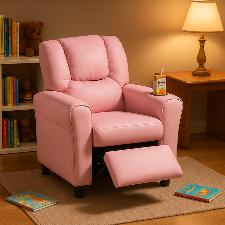 Premium  PU Leather Kids Recliner Chair with Front Footrest & Cup Holder - Solid Wood Frame Children's Furniture for Ages 2-12