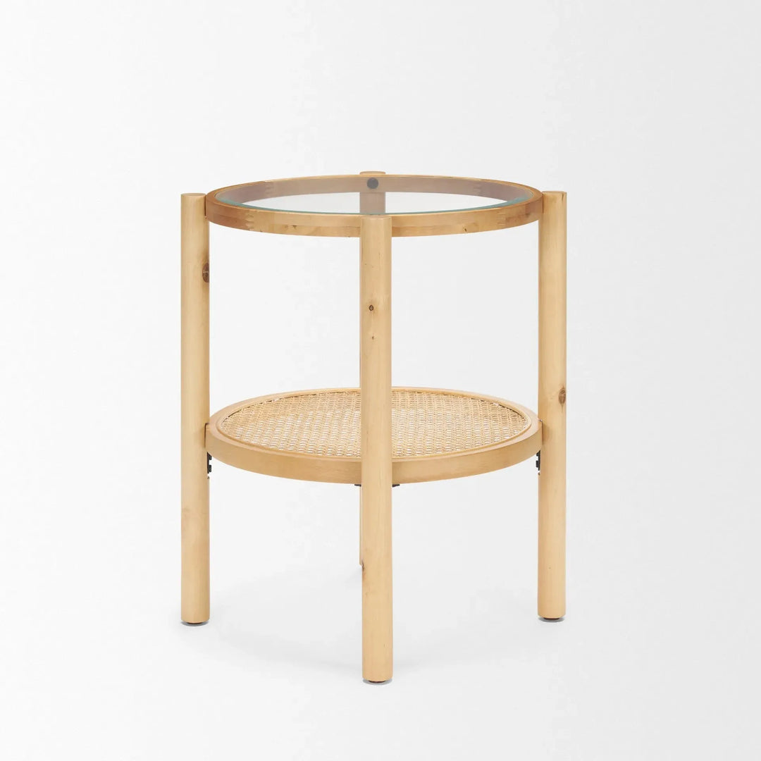 Weslyn Solid Light Brown Wood and Glass Top w/ Cane Side Table