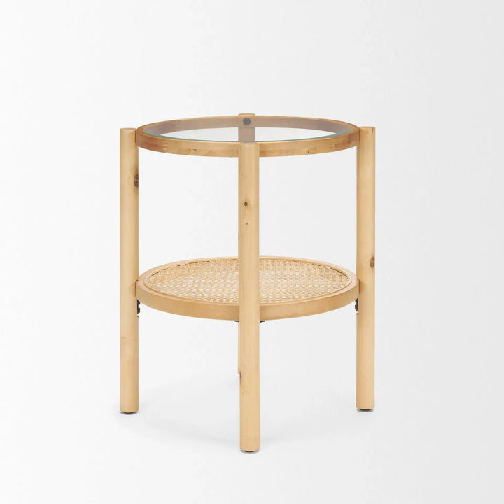 Weslyn Solid Light Brown Wood and Glass Top w/ Cane Side Table