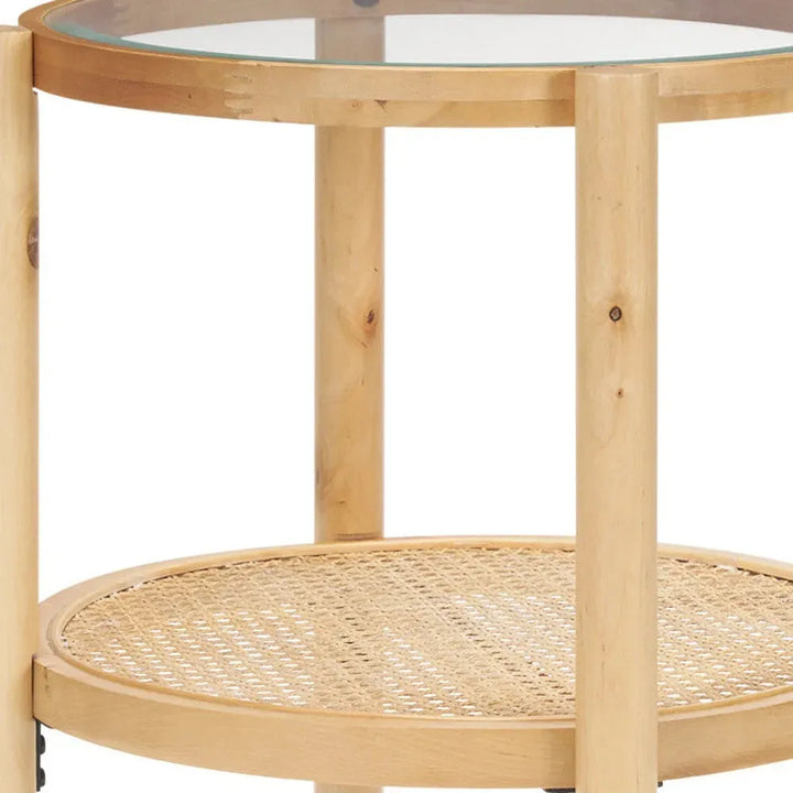 Weslyn Solid Light Brown Wood and Glass Top w/ Cane Side Table