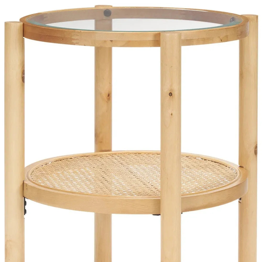 Weslyn Solid Light Brown Wood and Glass Top w/ Cane Side Table