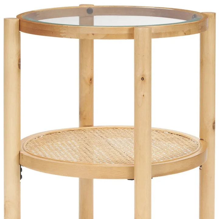 Weslyn Solid Light Brown Wood and Glass Top w/ Cane Side Table